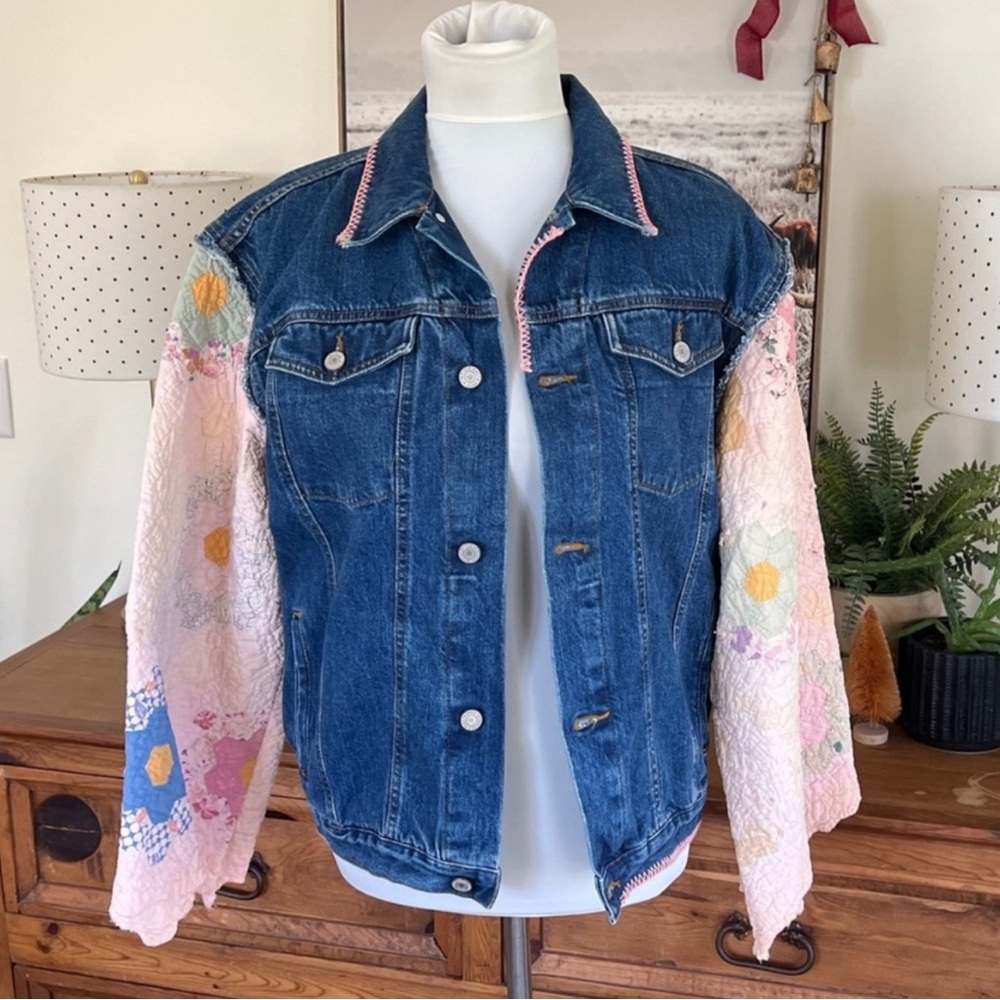 Nwt Free people x Tricia Fix Blue Denim patch work bell sleeve Jacket nwt - Picture 4 of 9